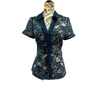 Prussian blue lace blouse with buttons.